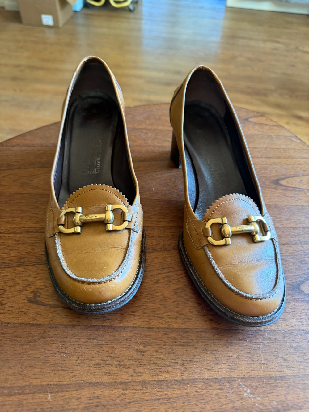 Salvatore Ferragamo Tan Leather Mid-Heel Loafers with Gold Horsebit